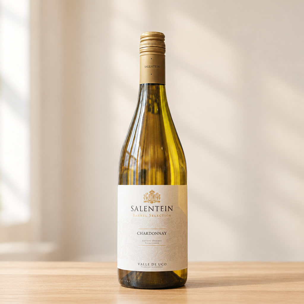 Fles Salentein Barrel Selection Chardonnay 2025 op een lichte, warme houten ondergrond