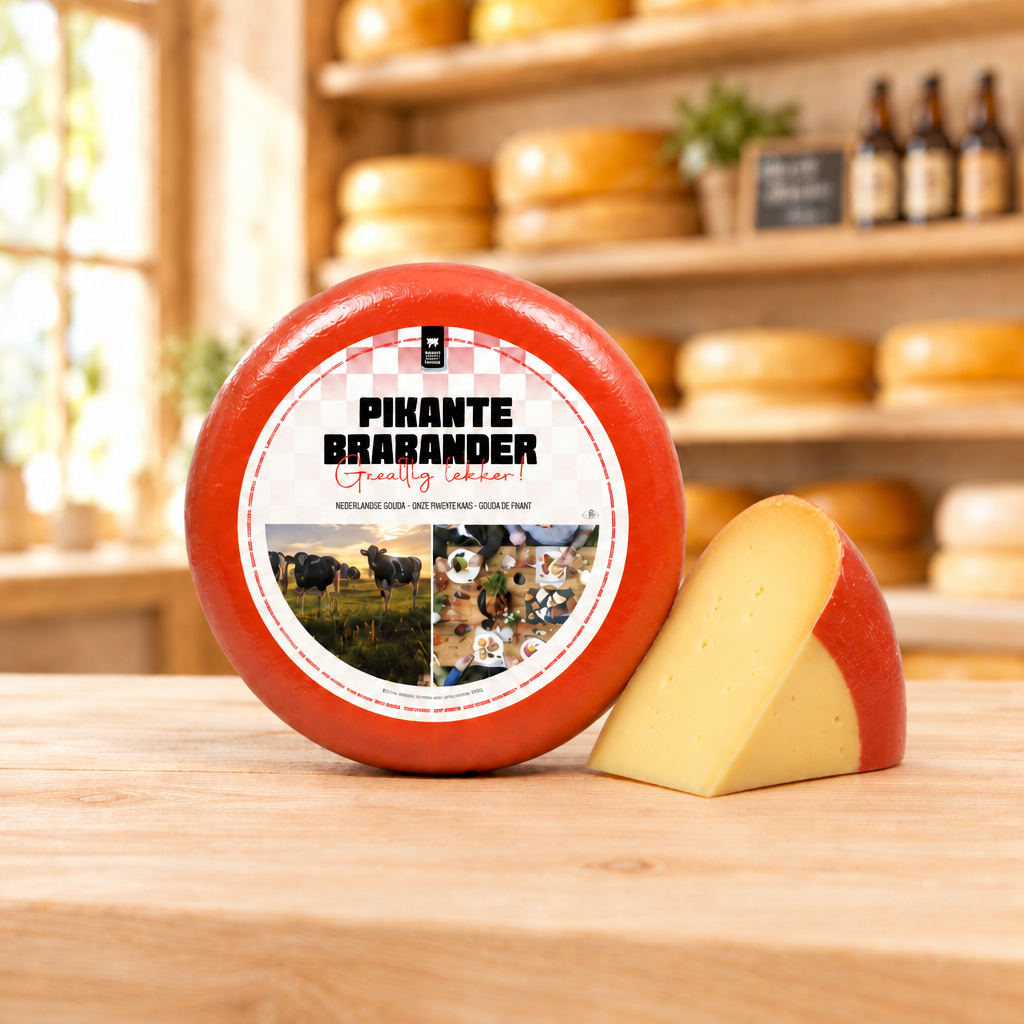 Pikante Brabander kaas met een kleiner kaas-puntje op een houten kaaswinkeltoonbank