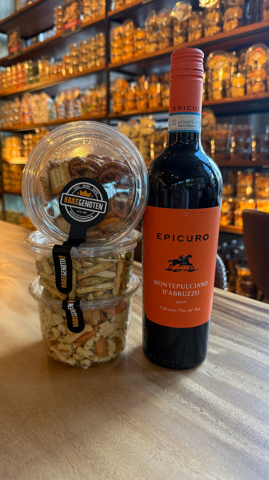 Cadeauverpakking epicuro montepulciano met zoutjes/nootjes