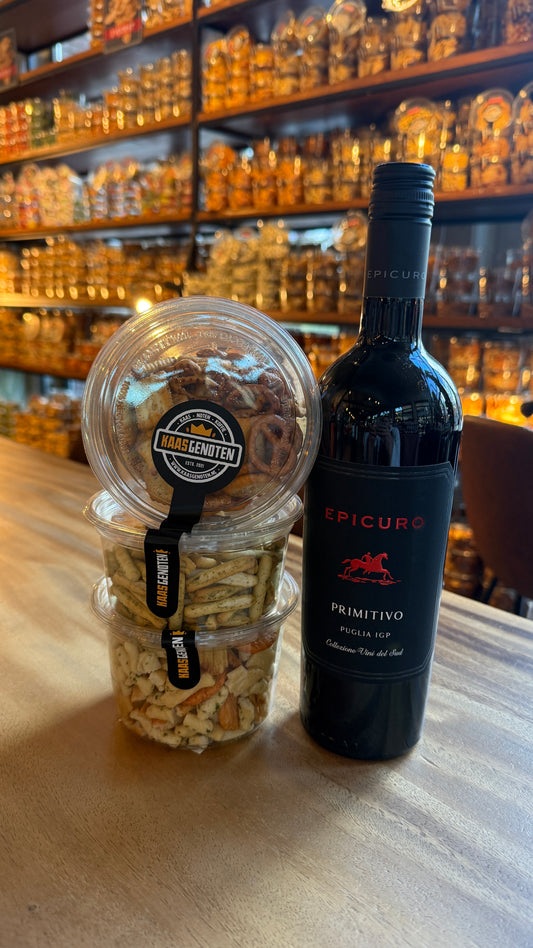 Cadeauverpakking epicuro primitivo rood met zoutjes/nootjes