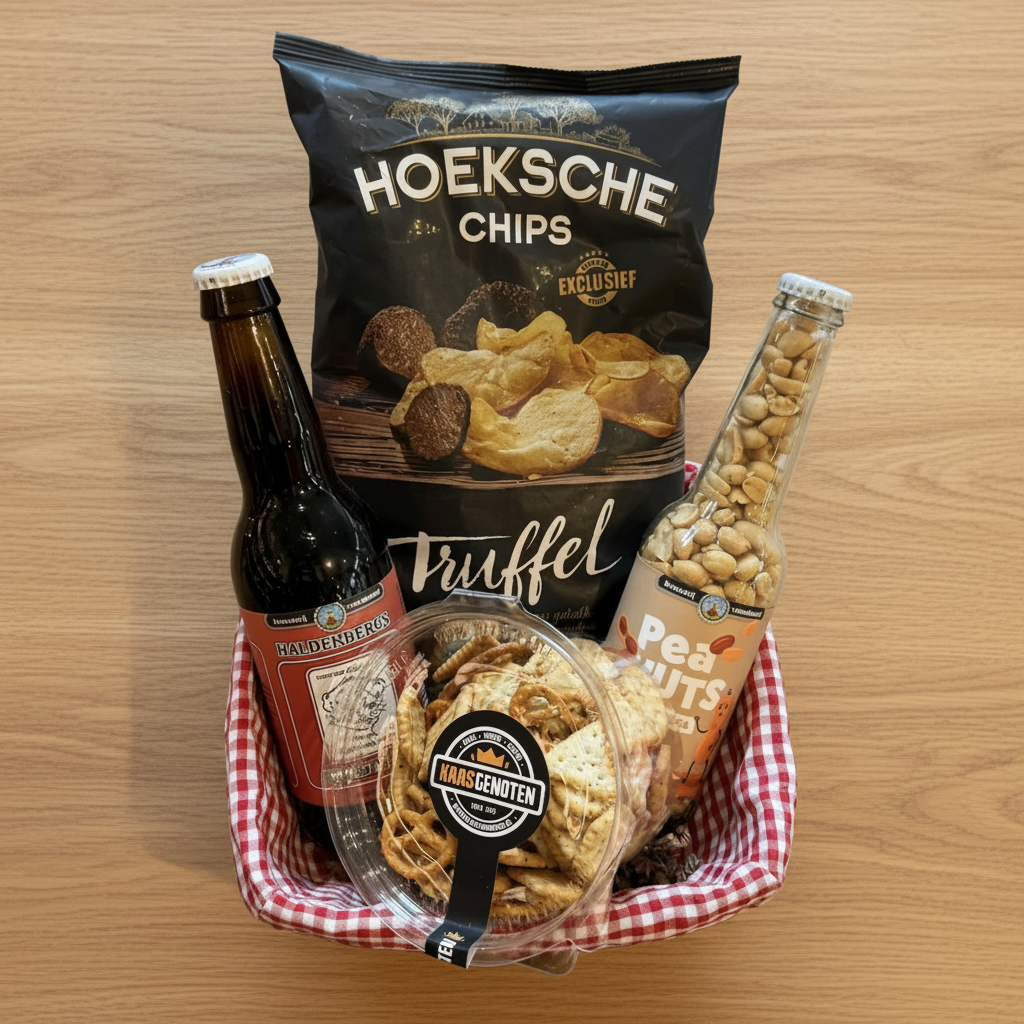 Rieten mand met chips, zoutjes en bier