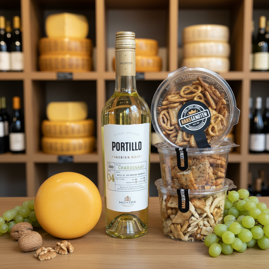Cadeaupakket met boeren pondje, portillo chardonnay en zoutjes