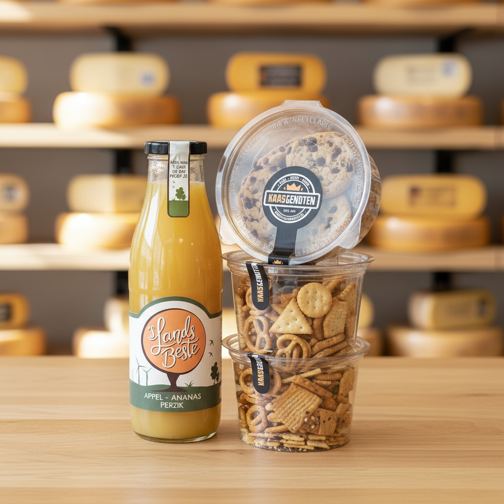 Cadeaupakket sap met zoutjes/nootjes (appel, ananas & perzik)