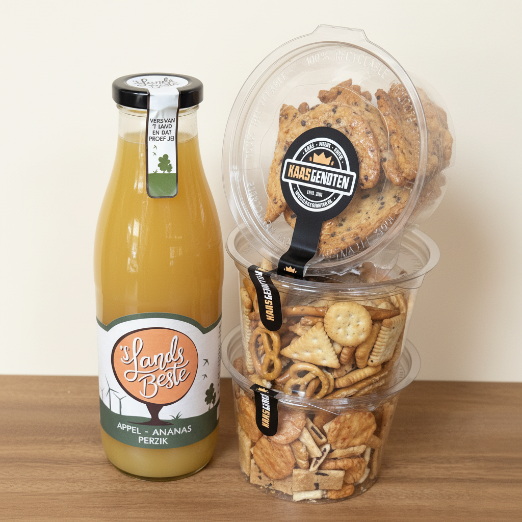 Cadeaupakket sap met zoutjes/nootjes (appel, ananas & perzik)