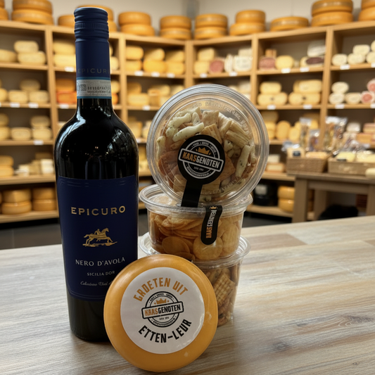 Cadeauverpakking Epicuro Negroamaro met Kaas & Nootjes