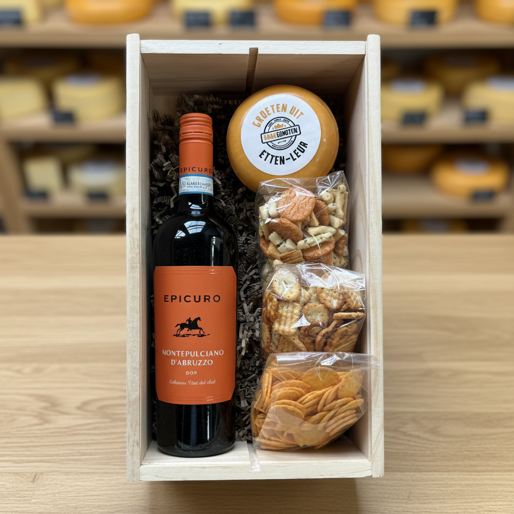 Houten Wijnkist met Montepulciano, Kaas & Nootjes