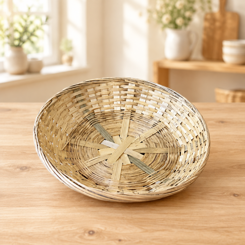 Ronde bamboemand volledig zichtbaar op een lichte houten tafel