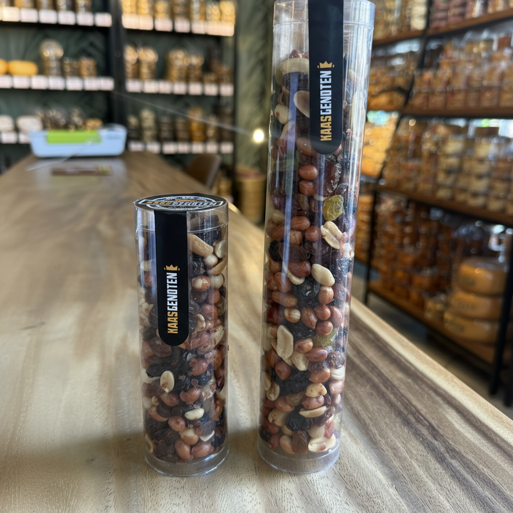 Koker sporthaver klein en groot — gezonde borrelsnack van Kaasgenoten in handige koker