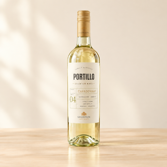 Fles Portillo Chardonnay op een lichte natuurlijke houten ondergrond