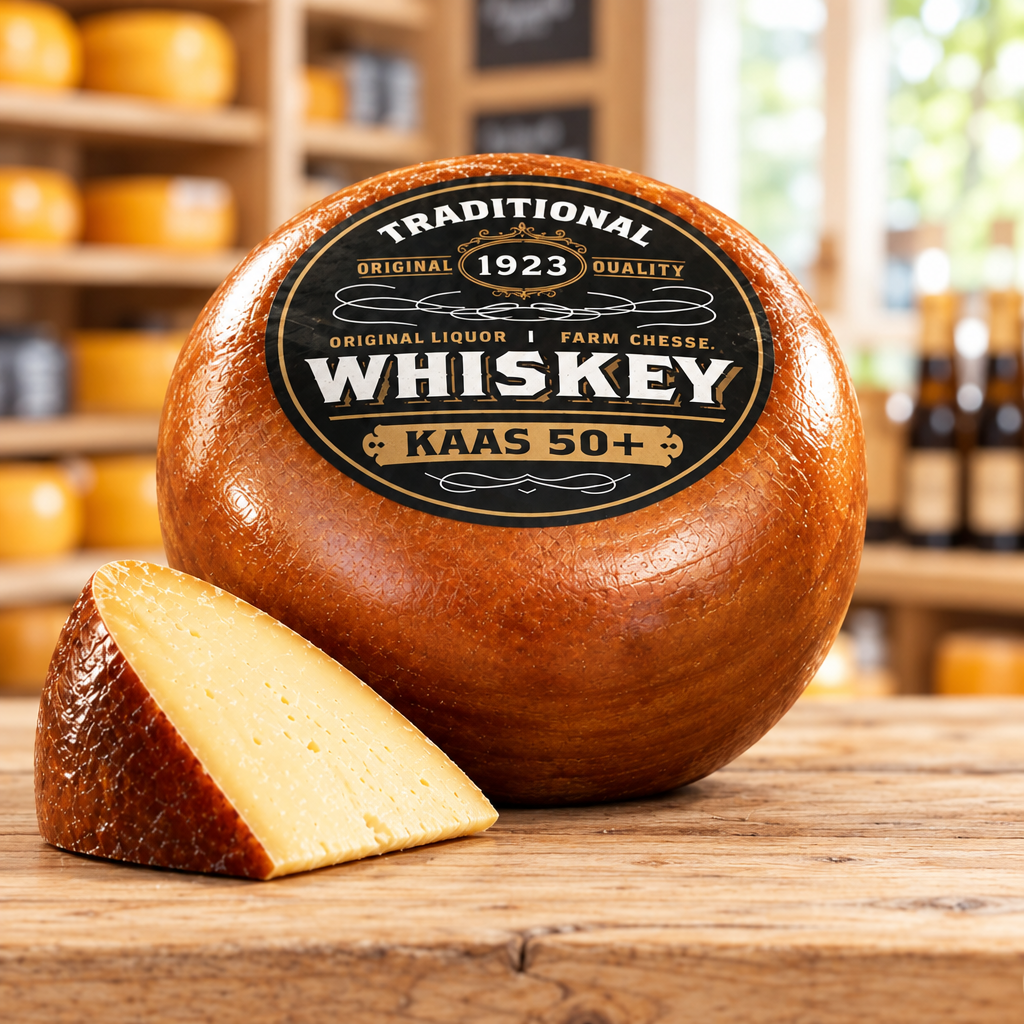 Boeren Pondje whiskey, rond kaasje met aangesneden punt op een lichte houten toonbank in de kaaswinkel