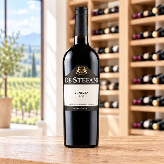 De Stefani Venezia Classic 2024 fles rode wijn op een lichte houten tafel voor wijnrekken en wijngaard
