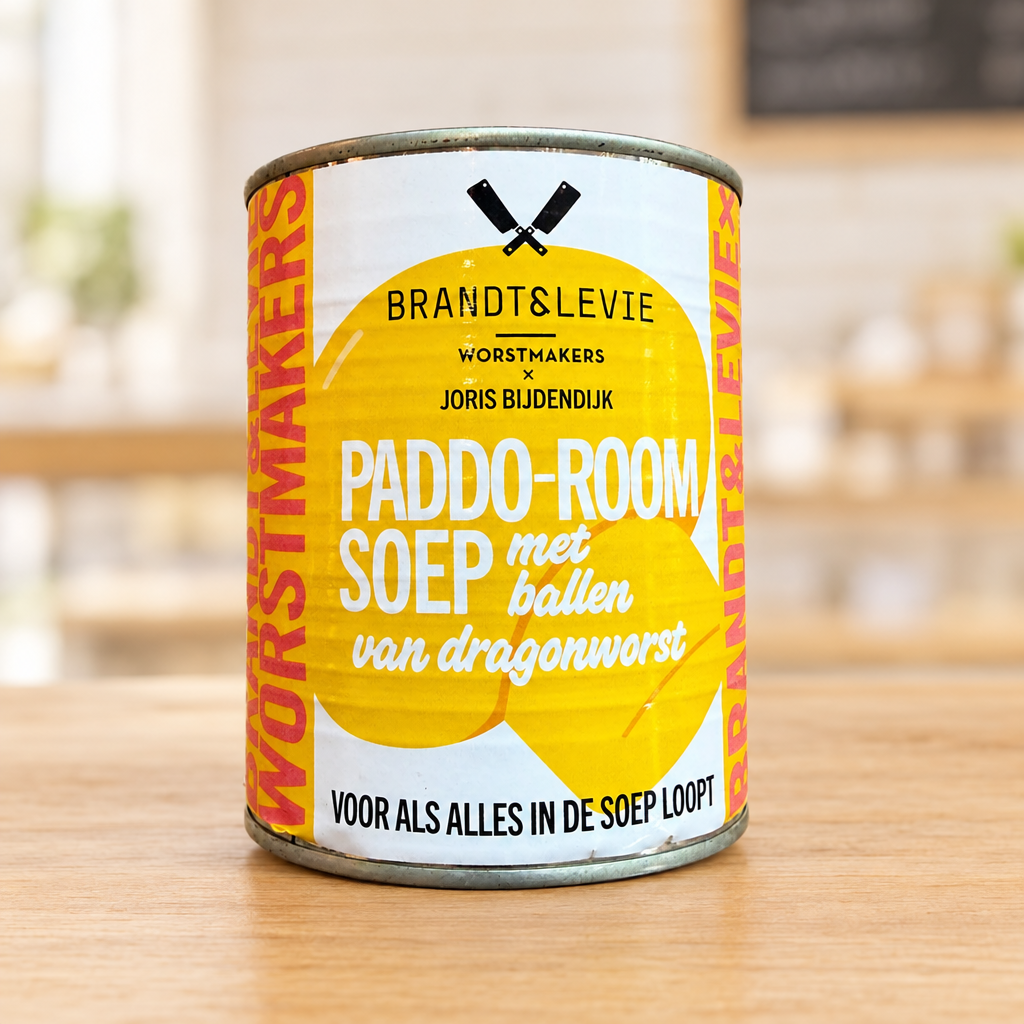 Blik Brandt & Levie paddo-roomsoep met ballen van dragonworst en geel-wit etiket