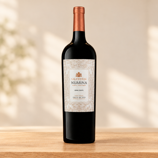 Fles Salentein Numina Gran Corte Red 2023 op een lichte, warme houten ondergrond