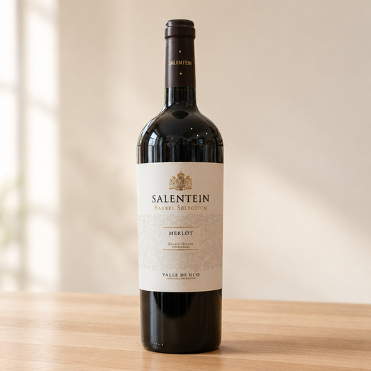 Fles Salentein Barrel Selection Merlot 2024 op een lichte, warme houten ondergrond