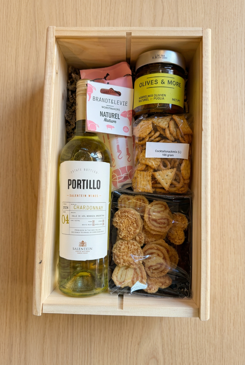 Houten borrelkist met Portillo Chardonnay en borrelhapjes