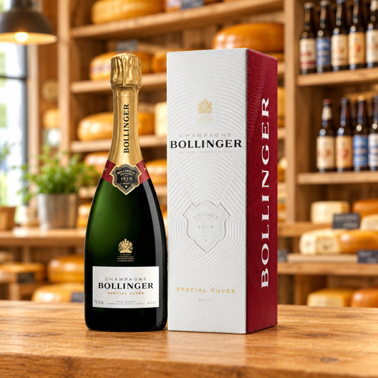 Fles Bollinger Special Cuvée Brut Champagne met geschenkverpakking in een lichte kaaswinkel
