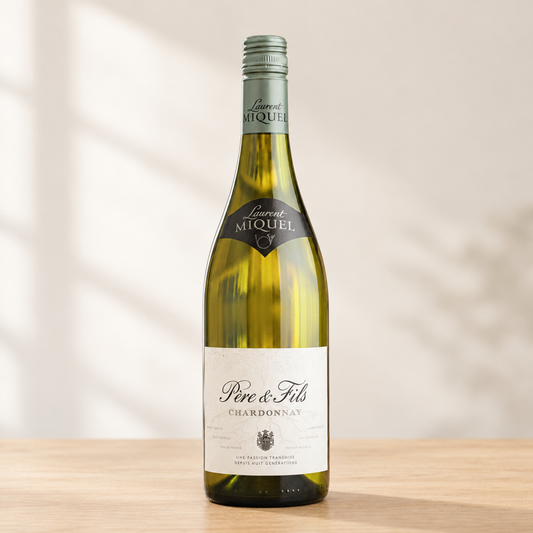 Laurent Miquel Père & Fils Chardonnay Viognier op een lichte, natuurlijke achtergrond