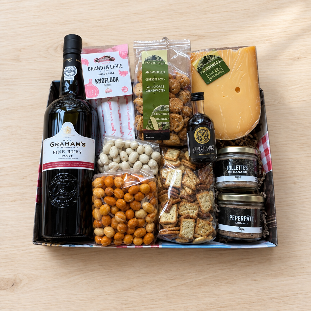 Luxe pakket met rode port en dezelfde producten op een lichte natuurlijke houten ondergrond