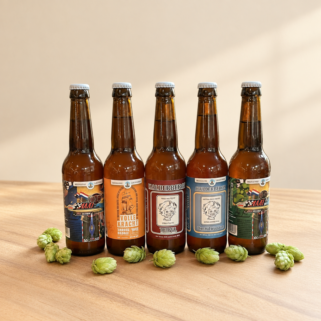 Cadeaupakket 5 biertjes 't Meuleneind op een lichte houten achtergrond