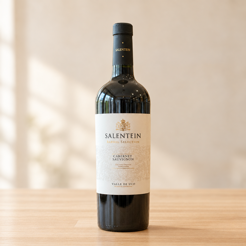 Fles Salentein Cabernet Sauvignon op een lichte, warme houten ondergrond
