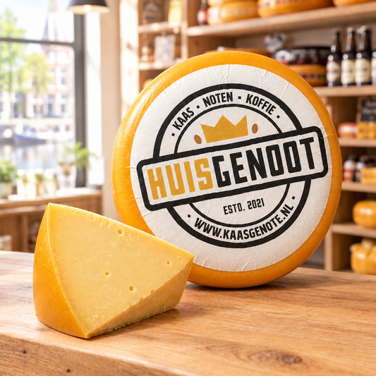 Huisgenoot belegen Goudse kaas, wiel en punt op een lichte houten toonbank in de kaaswinkel