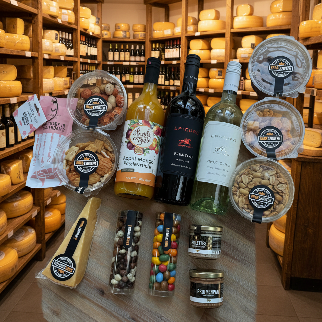 Luxe cadeaupakket met Primitivo, Pinot Grigio en snacks – Kaasgenoten