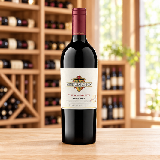 Kendall-Jackson Vintner's Reserve Zinfandel 2020, fles rechtop op een houten tafel in een lichte wijnruimte
