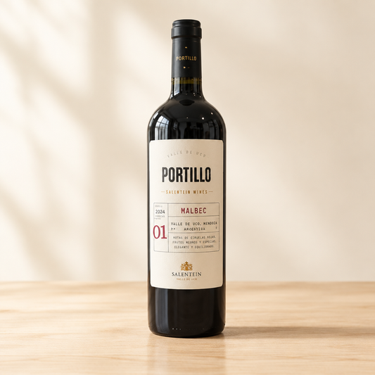 Fles Portillo Malbec op een lichte natuurlijke houten ondergrond