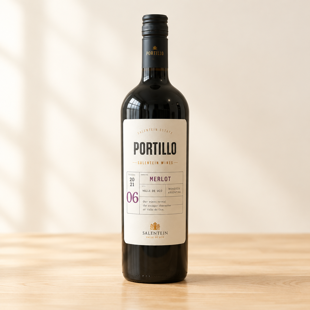 Fles Portillo Merlot op een lichte natuurlijke houten ondergrond