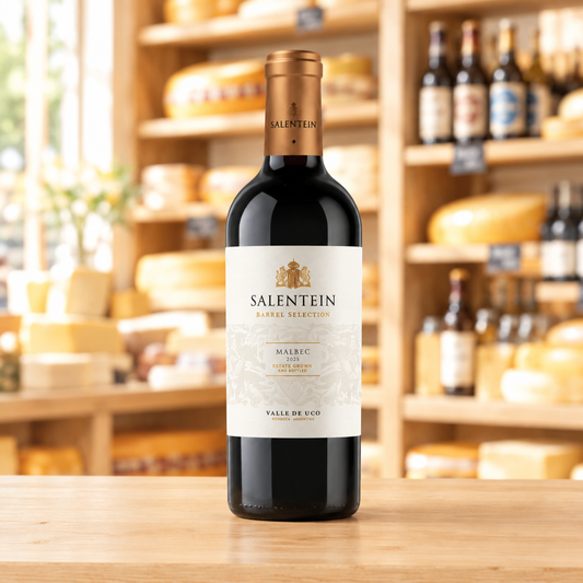 Salentein Barrel Selection Malbec 2025 37,5 cl op een lichte, warme houten toonbank