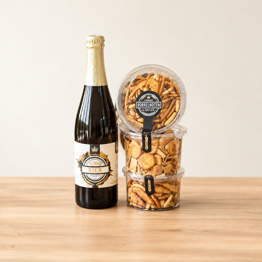 Bierpakket Blond met Nootjes en Zoutjes op een rustige lichte houten achtergrond