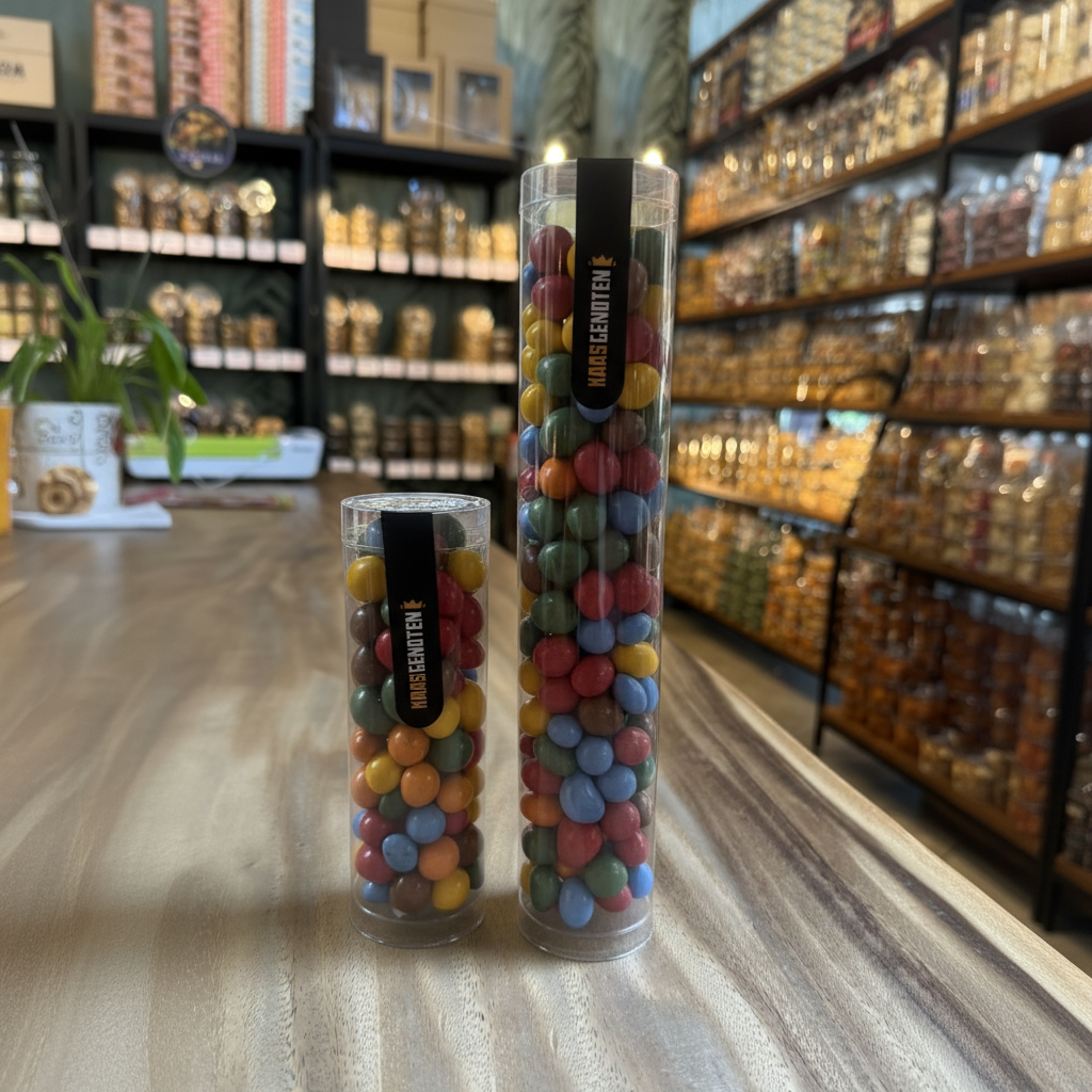 Koker pinda's met chocolade klein en groot — kleurrijke chocoladepinda's van Kaasgenoten in handige transparante koker