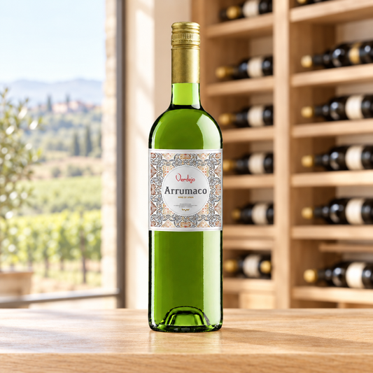 Arrumaco Verdejo 2025 fles witte wijn op een lichte houten tafel in een wijnruimte met wijnrekken