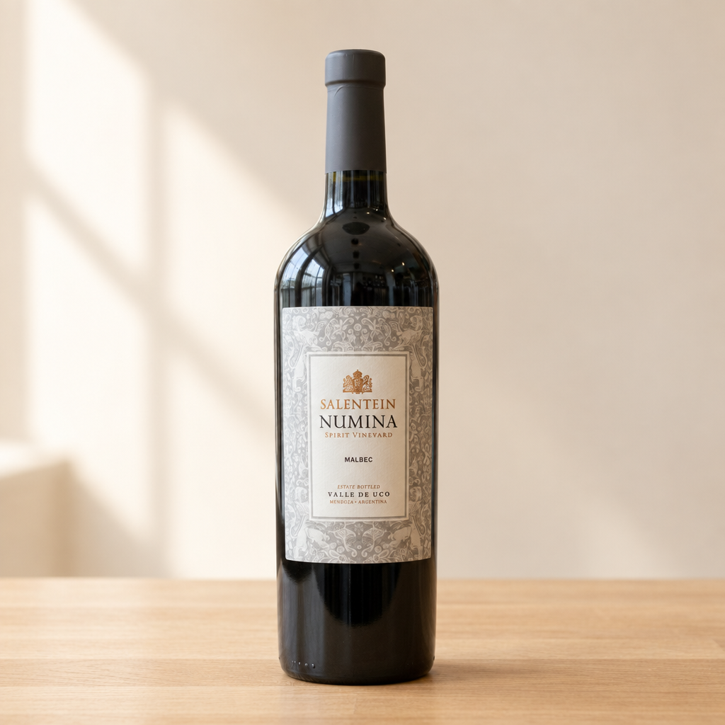 Fles Salentein Numina Malbec op een lichte, warme houten ondergrond