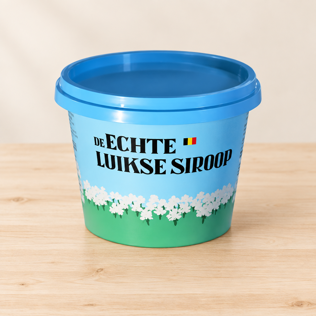 Emmer echte Luikse stroop op een lichte natuurlijke houten ondergrond