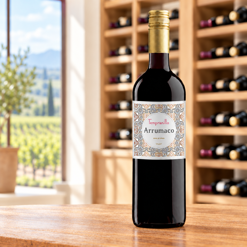 Arrumaco Tempranillo 2025 fles rode wijn op een lichte houten tafel in een wijnruimte met wijnrekken
