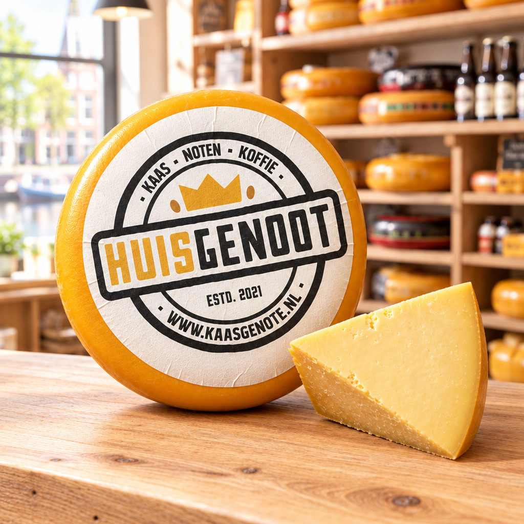 Huisgenoot extra belegen Goudse kaas, wiel en punt op een lichte houten toonbank in de kaaswinkel