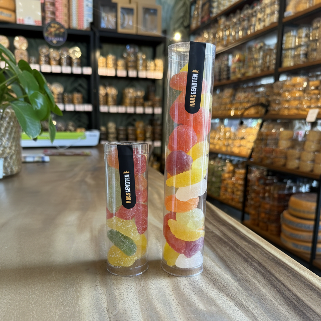 Koker zacht fruit klein en groot — kleurrijk snoep van Kaasgenoten in handige koker