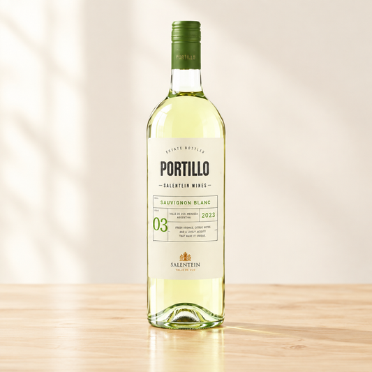 Fles Portillo Sauvignon Blanc op een lichte natuurlijke houten ondergrond