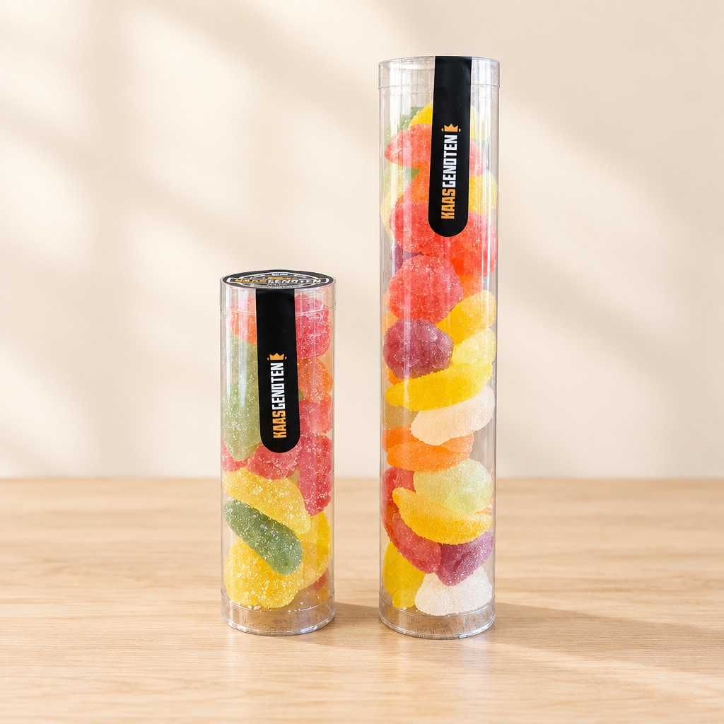 Kleine en grote transparante kokers zacht fruit op een lichte houten ondergrond