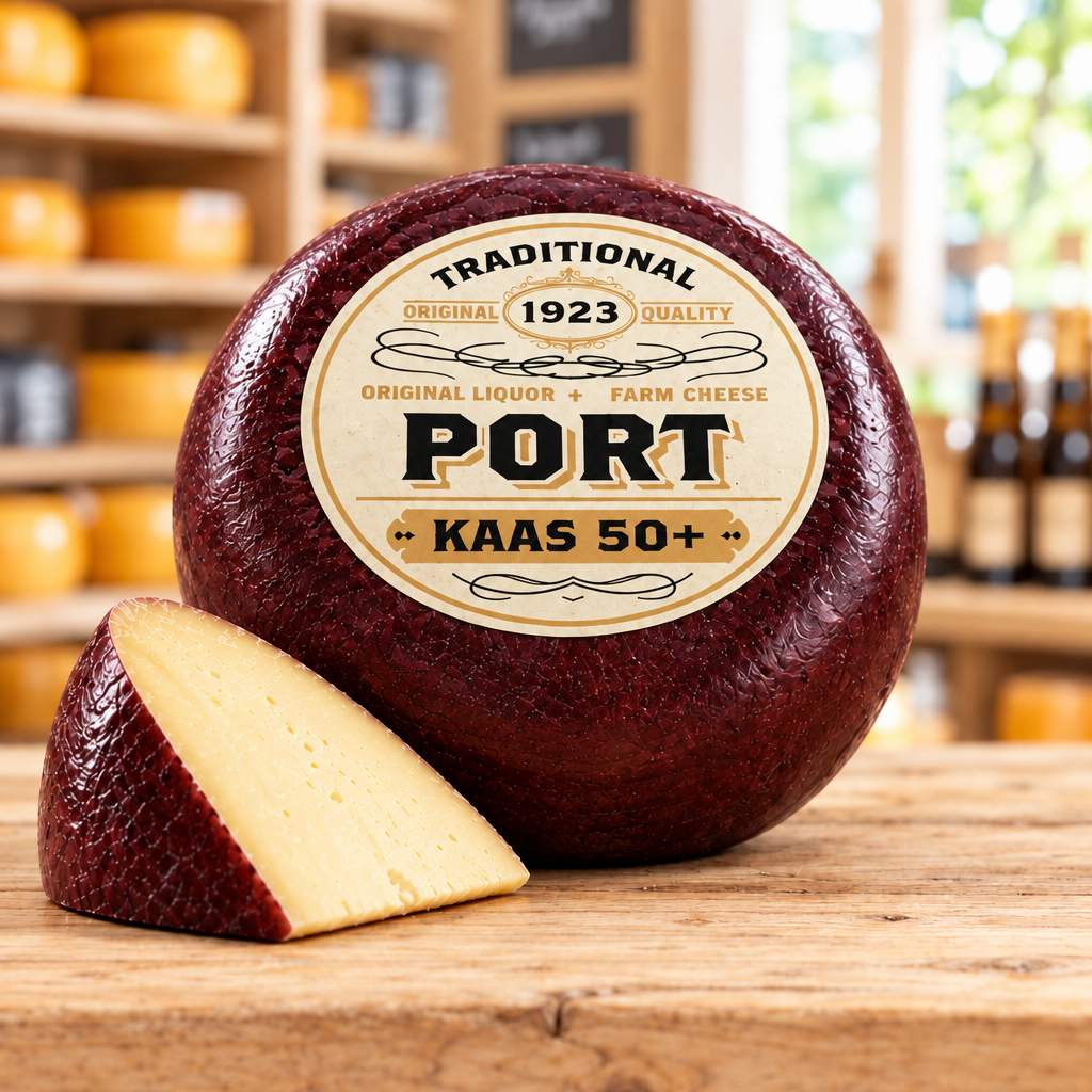 Boeren Pondje port, donker kaaswiel met aangesneden punt op een lichte houten toonbank in de kaaswinkel