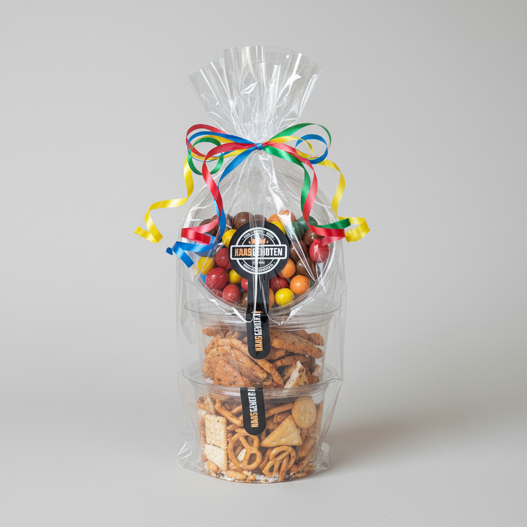 Cadeauverpakking zoutjes/noten 3 bakjes